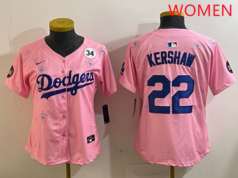 Women Los Angeles Dodgers 22 Kershaw Pink White Blue Sakura Edition 2025 Nike MLB Jersey style 8